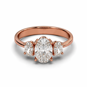 Three Stone Oval Lab-Grown Diamond Ring with Round Side Stones in Rose Gold Front View